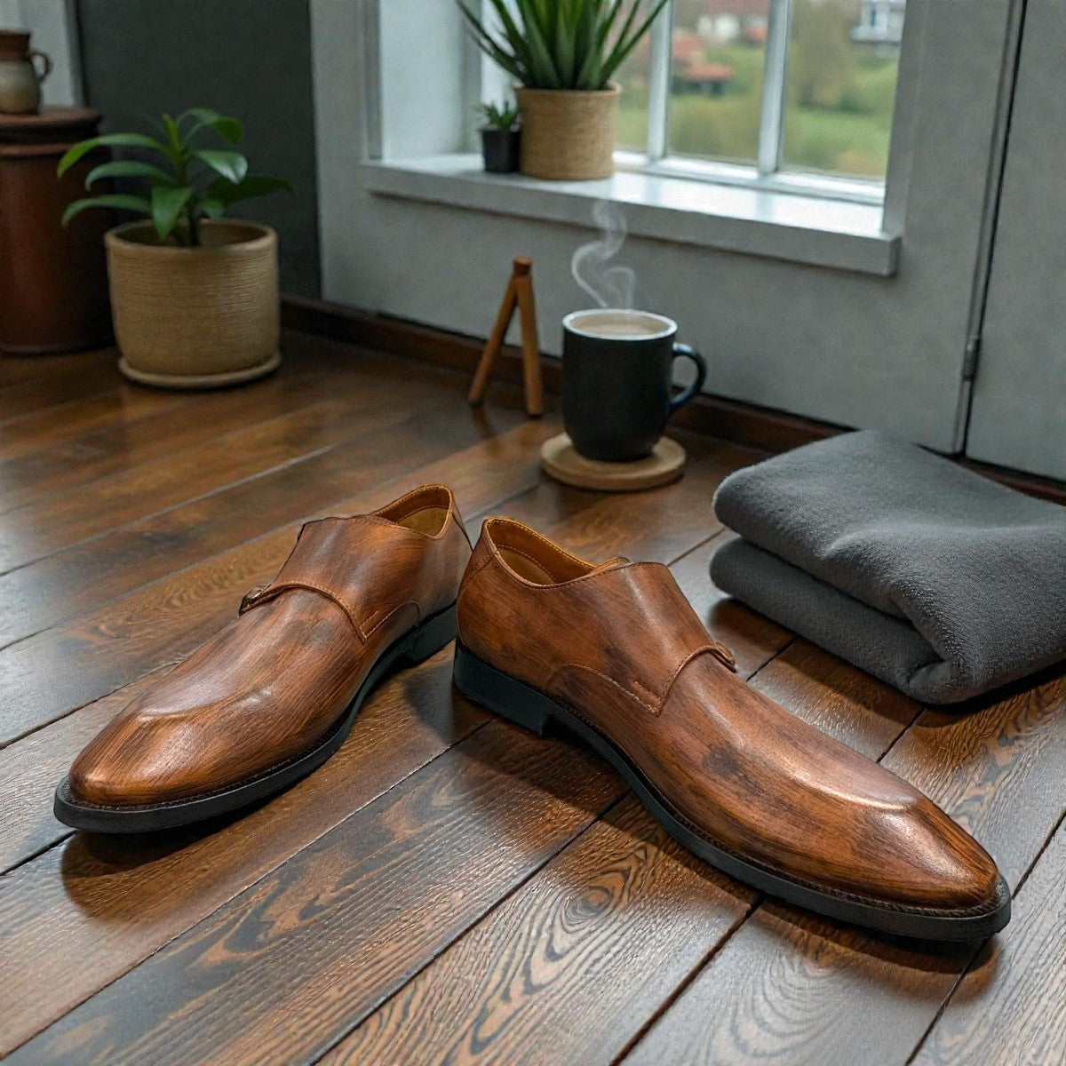 Sun Sahra brown leather monk strap shoe with handmade stitching and a durable rubber outsole. Photo of front view 2.