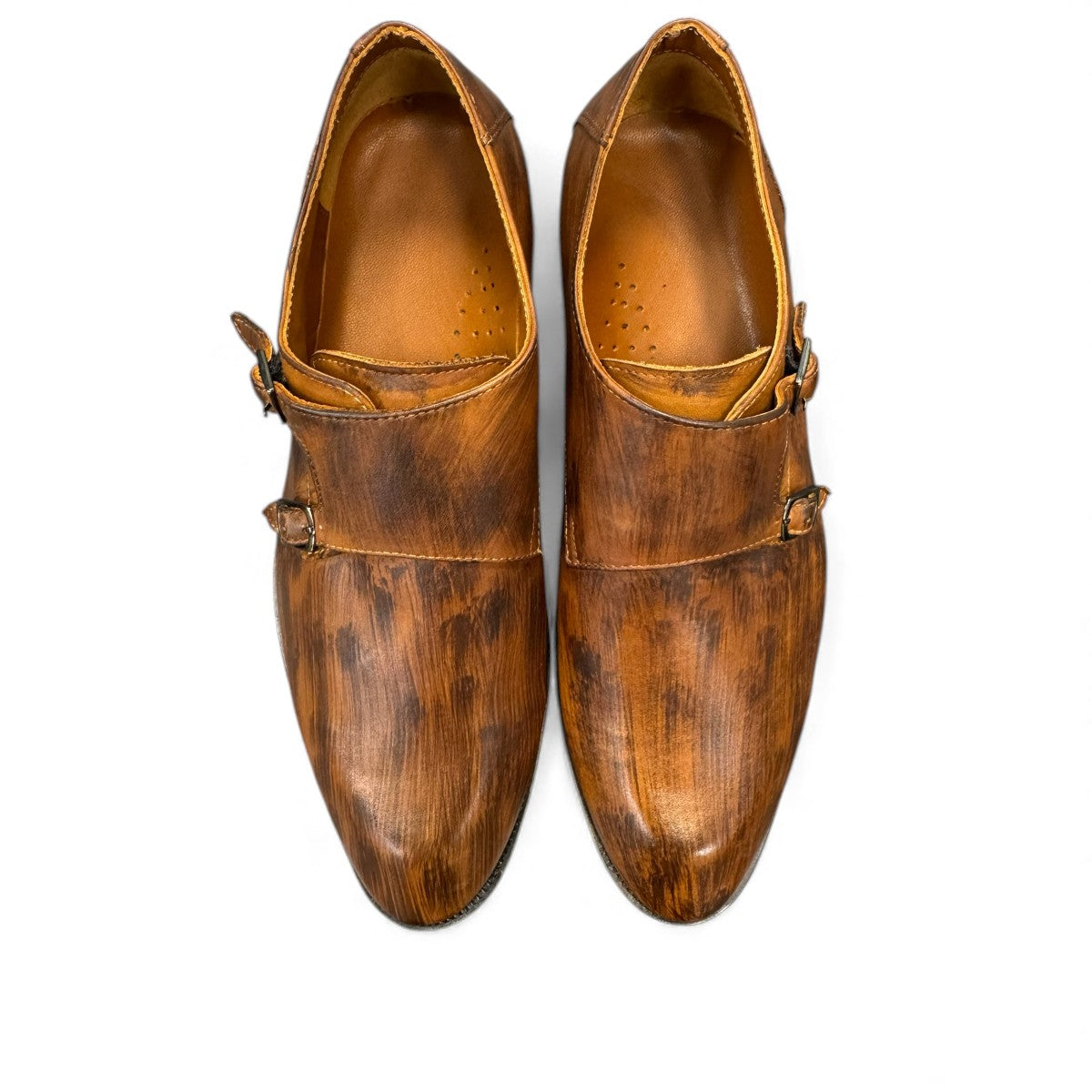 Sun Sahra brown leather monk strap shoe with handmade stitching and a durable rubber outsole. Photo of upper view.