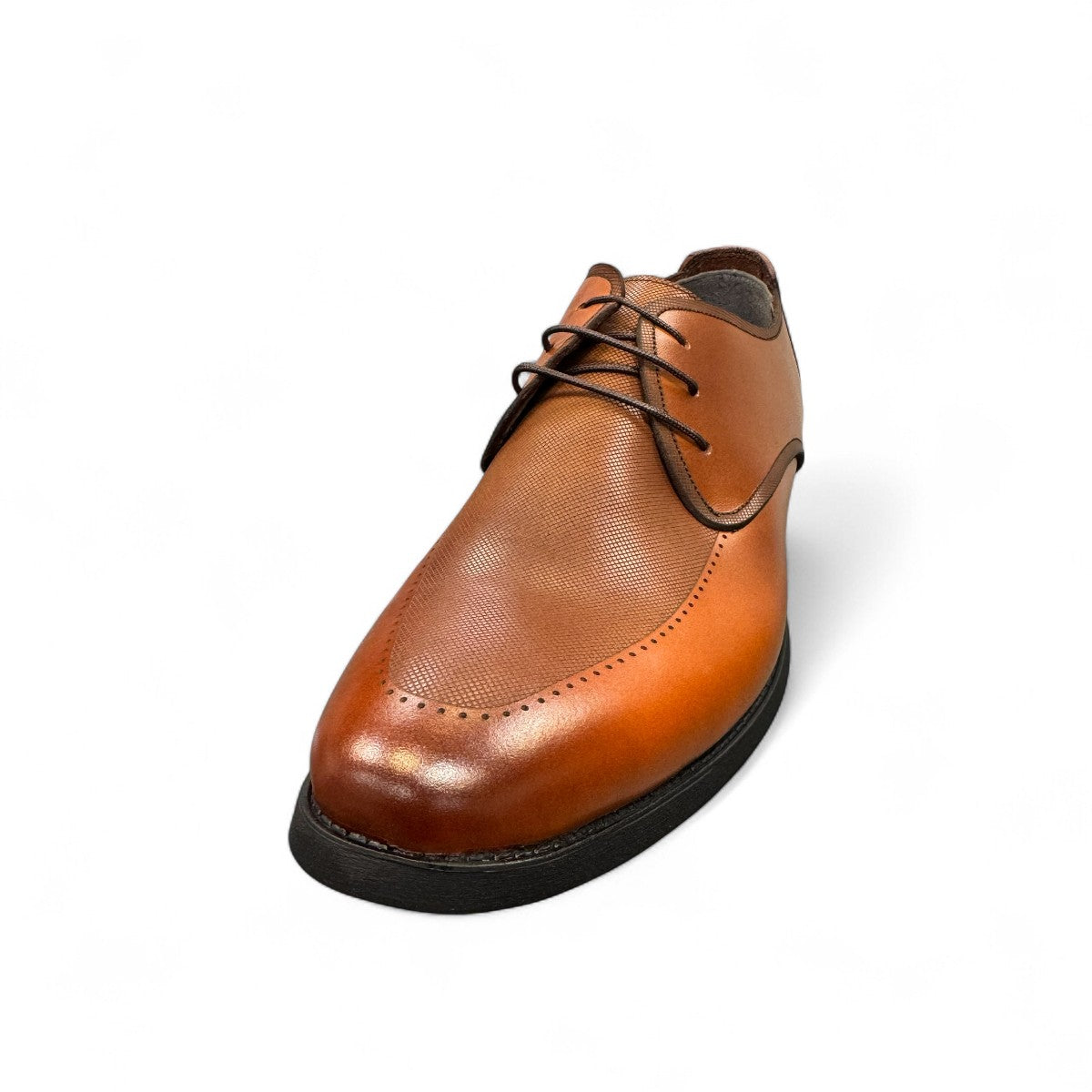 Sun Shoes For Men Neardoor brown leather lace-up dress shoes with handmade stitching and a durable rubber outsole. Photo of front view.