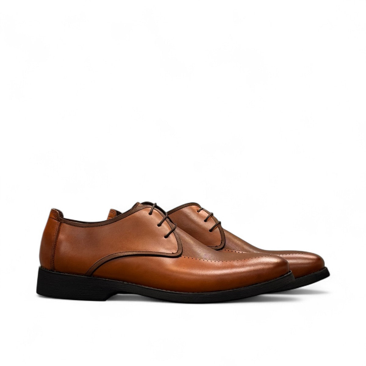 Sun Shoes For Men Neardoor brown leather lace-up dress shoes with handmade stitching and a durable rubber outsole. Photo of side views.