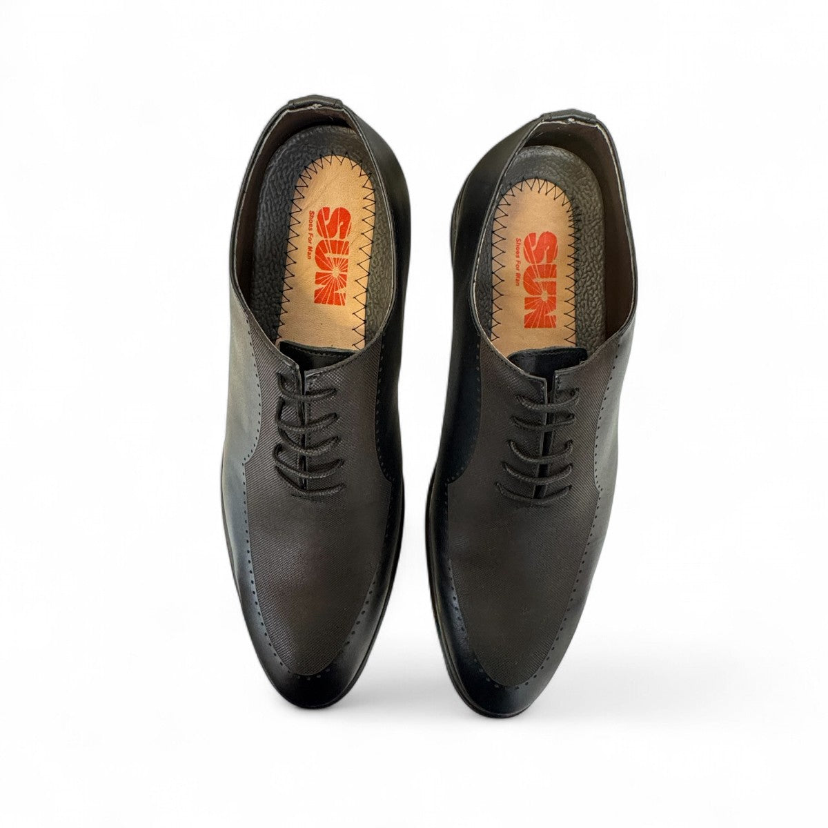 Sun Shoes for man Attar Lace black genuine leather lace-up dress shoes with subtle handmade stitching and a durable rubber outsole. Photo of upper view.