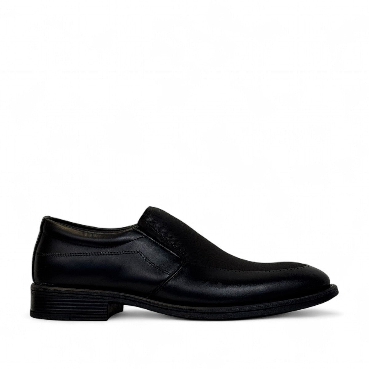 Sun shoes for man attar black genuine leather slip-on dress shoes with handmade stitching and durable rubber outsole. Photo of left side view.