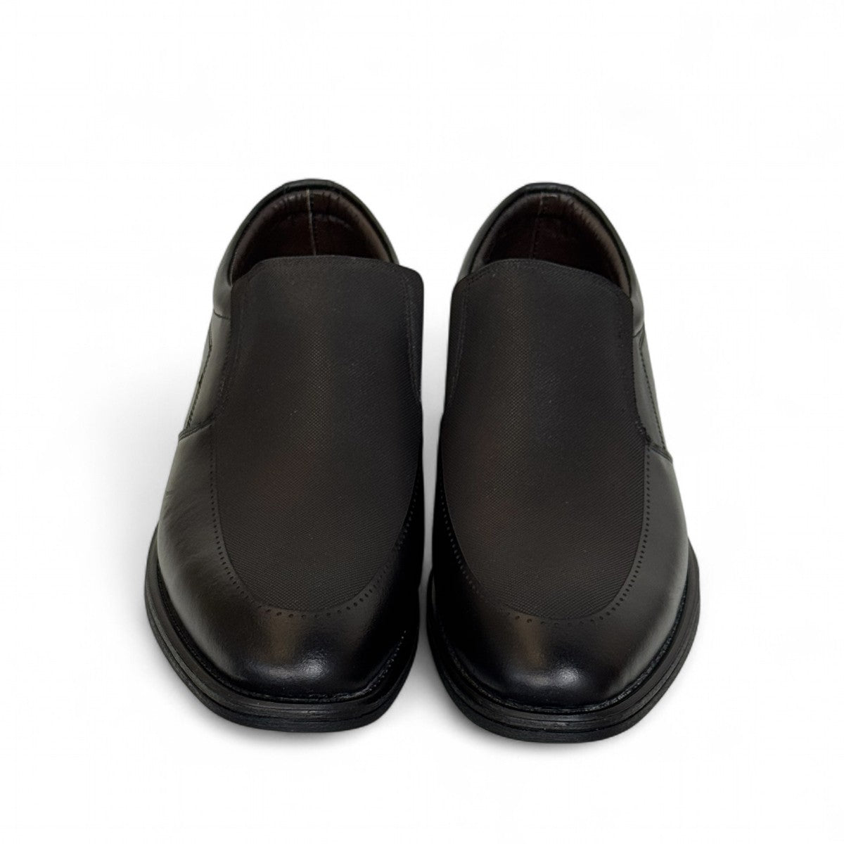 Sun shoes for man attar black genuine leather slip-on dress shoes with handmade stitching and durable rubber outsole. Photo of front view.