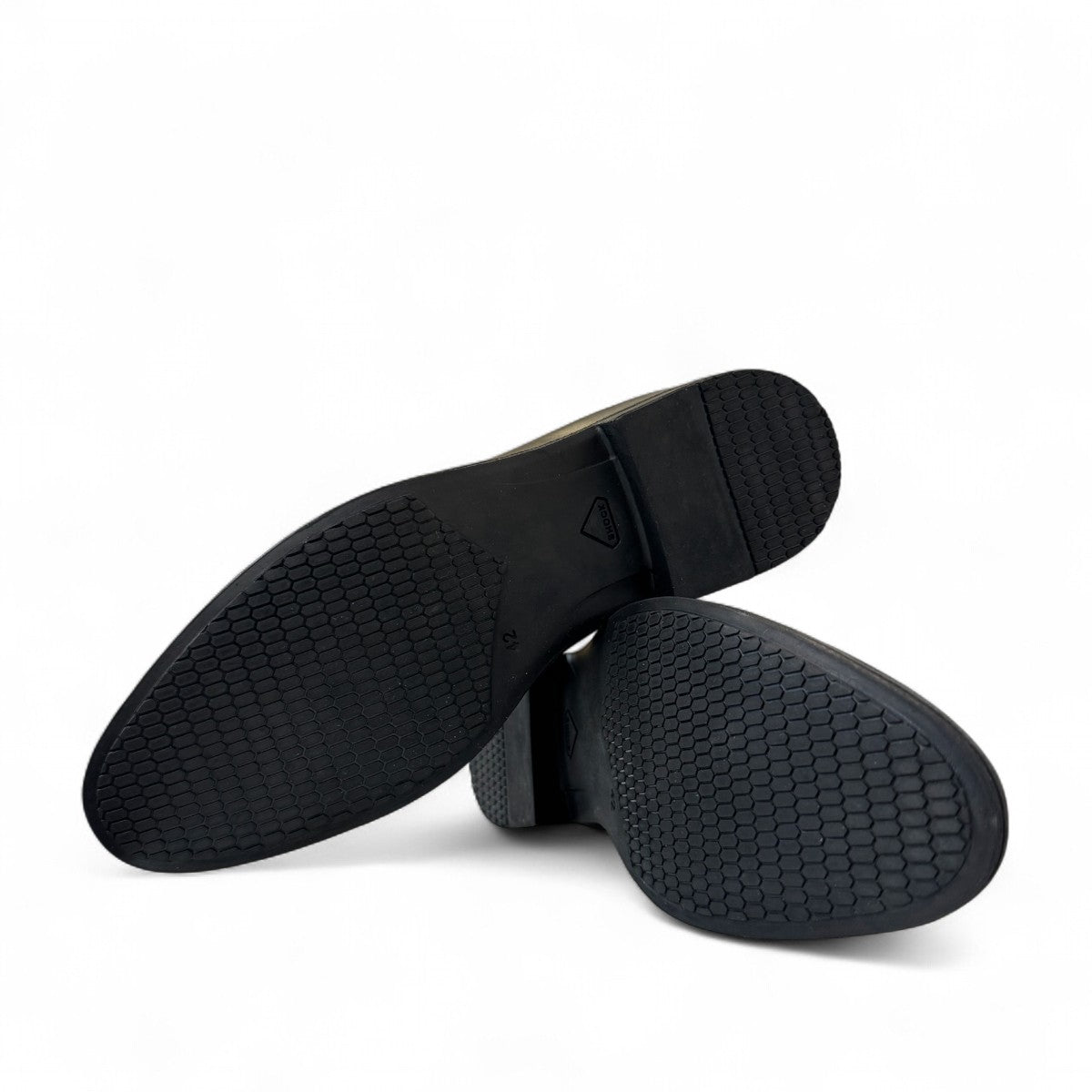 Sun shoes for man attar black genuine leather slip-on dress shoes with handmade stitching and durable rubber outsole. Photo of bottom view.
