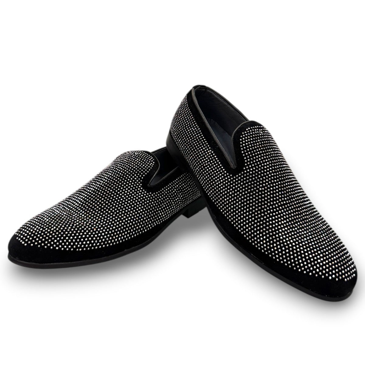 Sun Sparkling black suede loafers featuring sparkling rhinestone embellishments and refined handmade stitching. Photo of upper view 1.