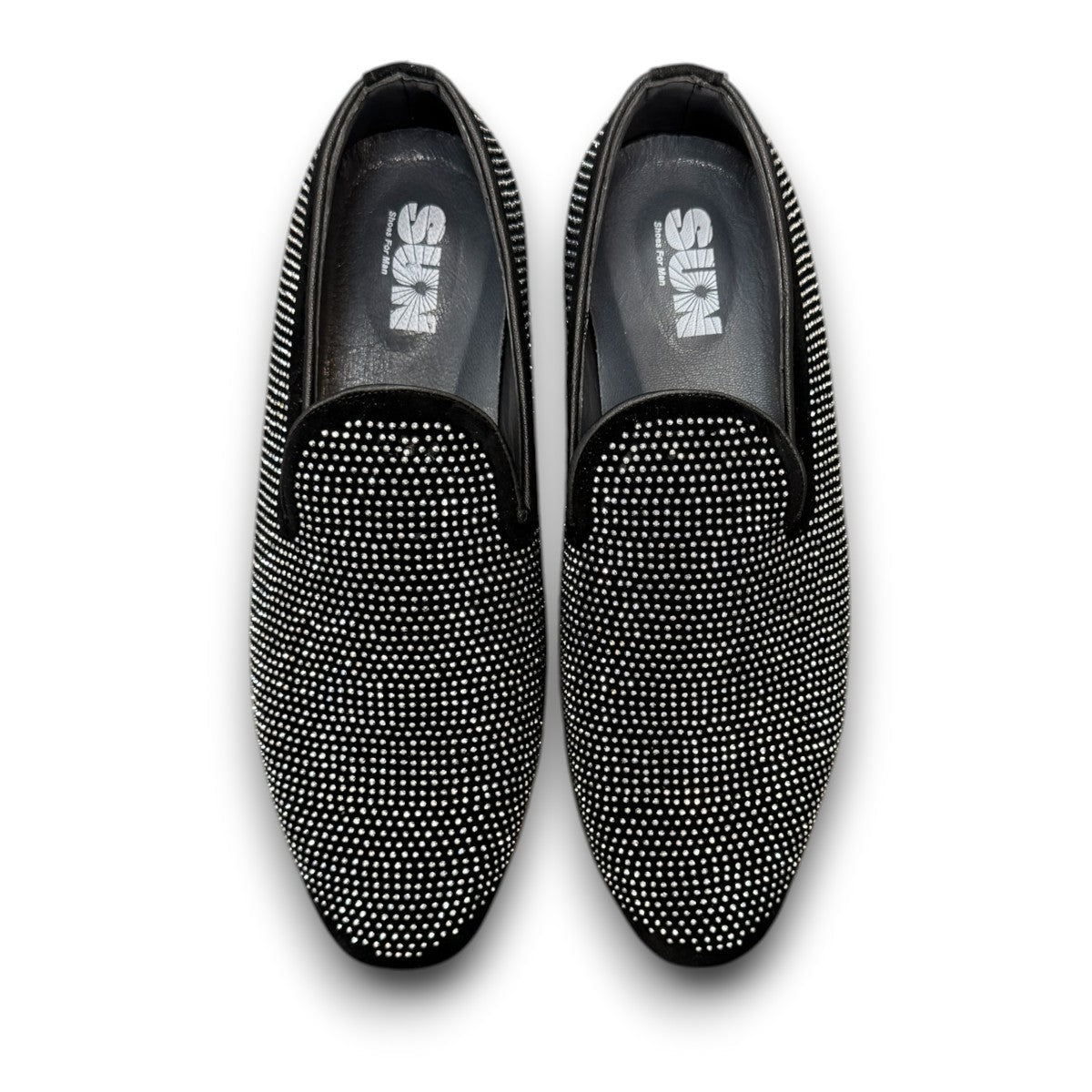 Sun Sparkling black suede loafers featuring sparkling rhinestone embellishments and refined handmade stitching. Photo of upper view 2.