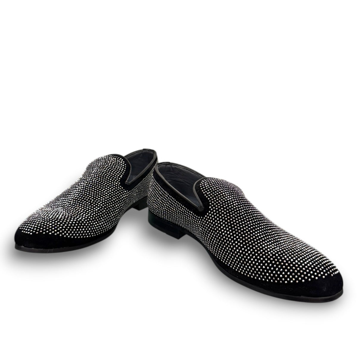 Sun Sparkling black suede loafers featuring sparkling rhinestone embellishments and refined handmade stitching. Photo of front view.