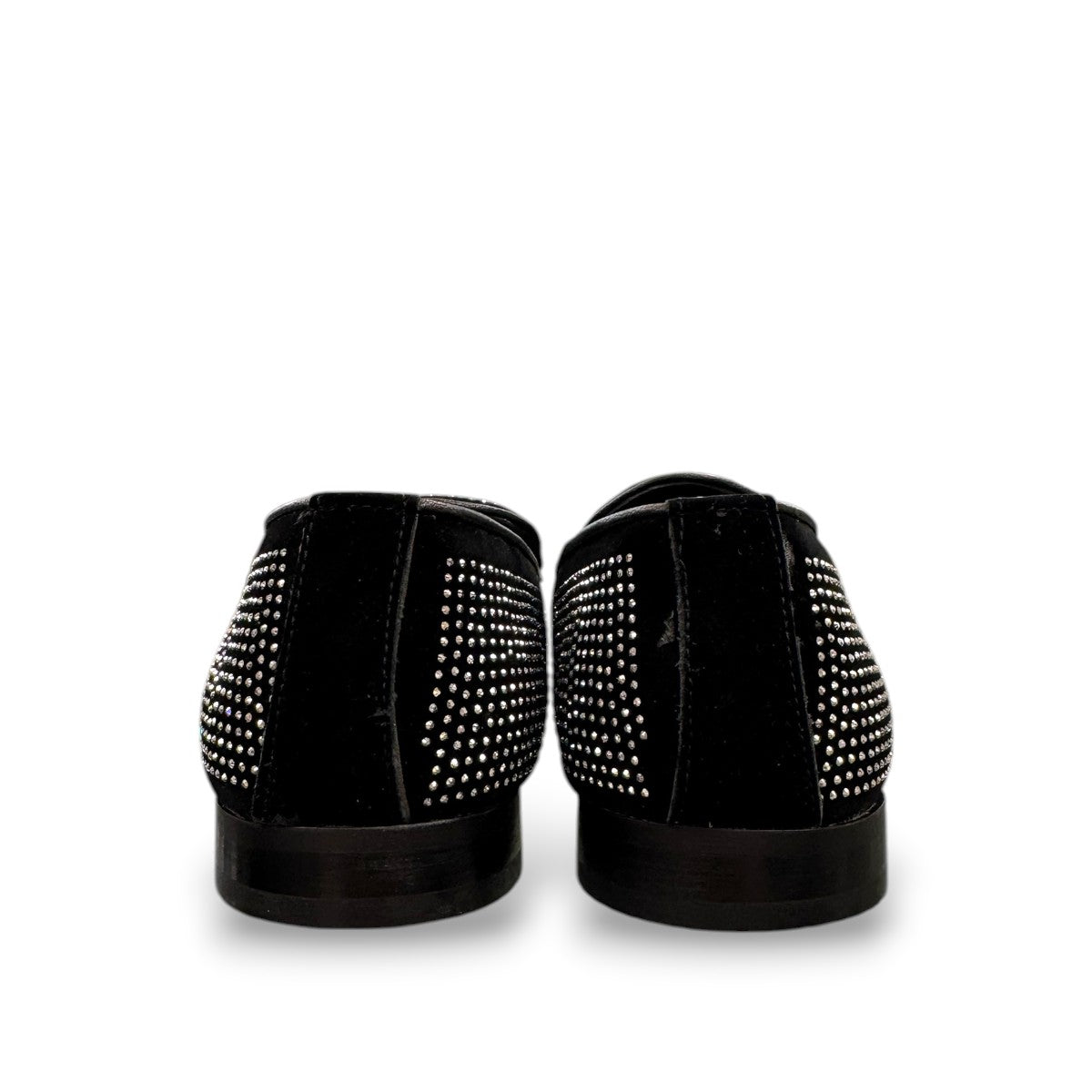 Sun Sparkling black suede loafers featuring sparkling rhinestone embellishments and refined handmade stitching. Photo of back view.