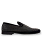 Sun Sparkling black suede loafers featuring sparkling rhinestone embellishments and refined handmade stitching. Photo of outside side view.