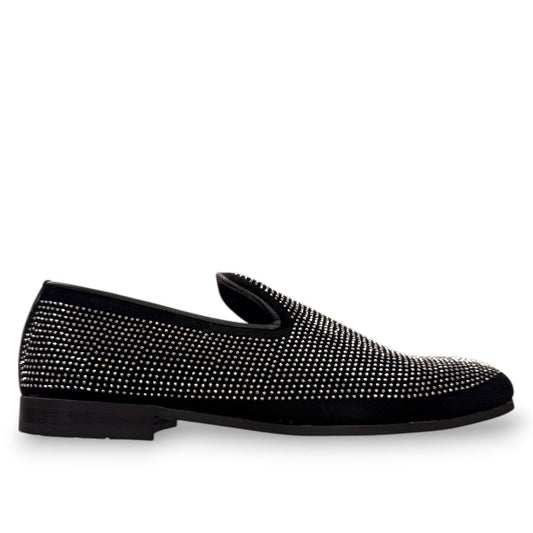 Sun Sparkling black suede loafers featuring sparkling rhinestone embellishments and refined handmade stitching. Photo of outside side view.