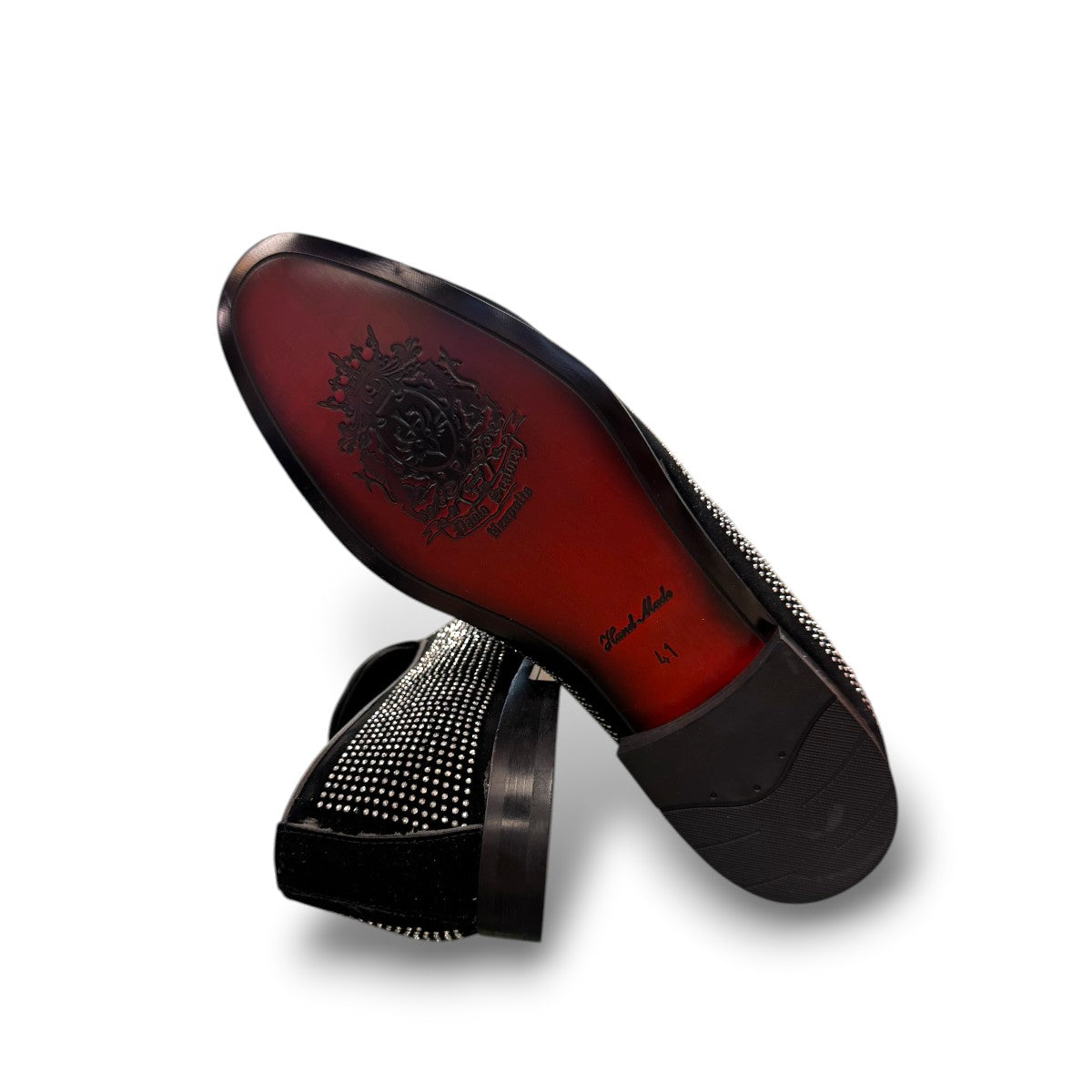 Sun Sparkling black suede loafers featuring sparkling rhinestone embellishments and refined handmade stitching. Photo of bottom view.