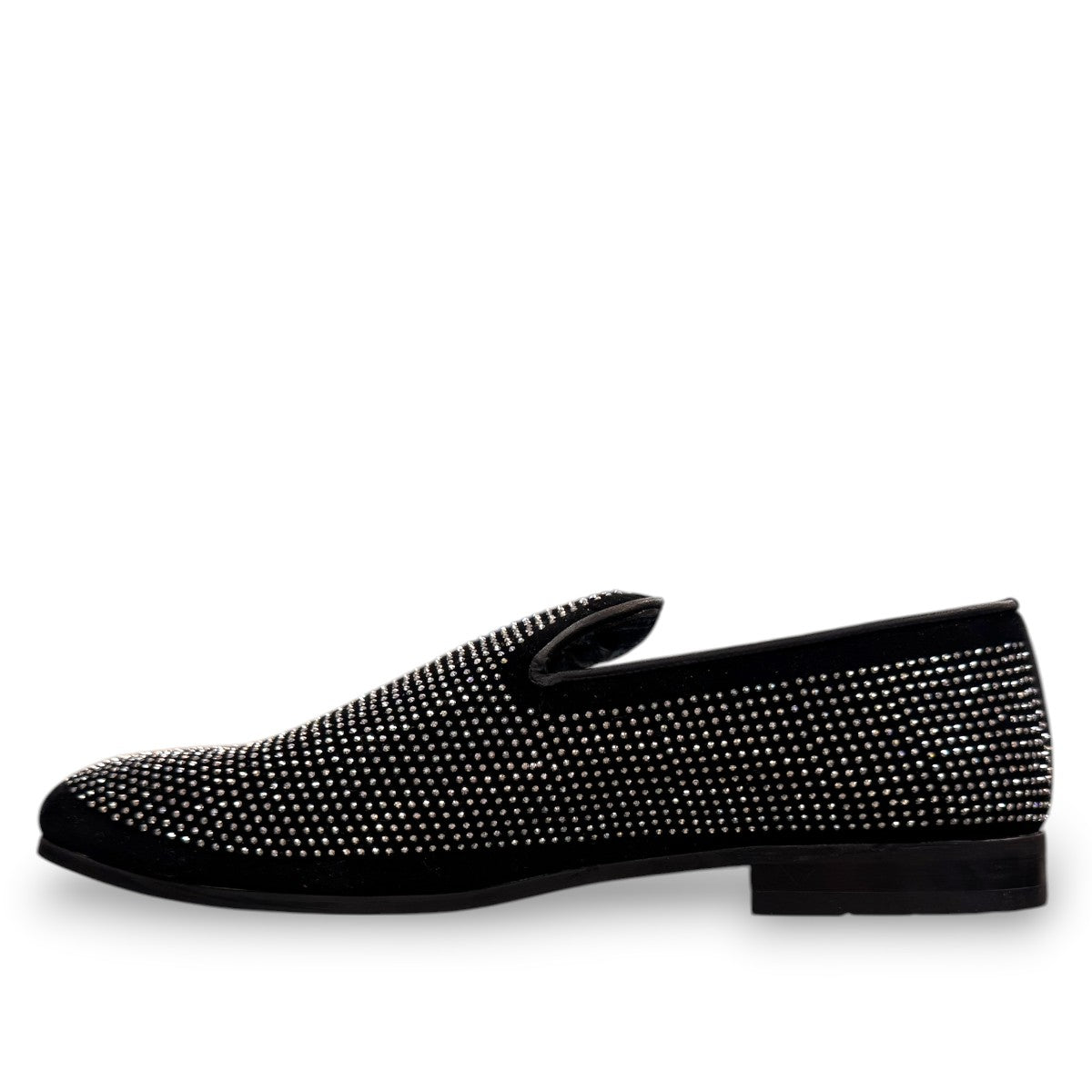 Sun Sparkling black suede loafers featuring sparkling rhinestone embellishments and refined handmade stitching. Photo of inside side view.