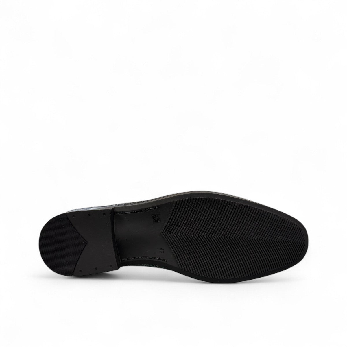 Sun Stylish black leather lace up dress shoe with textured pattern and handmade stitching details. Photo of bottom view.