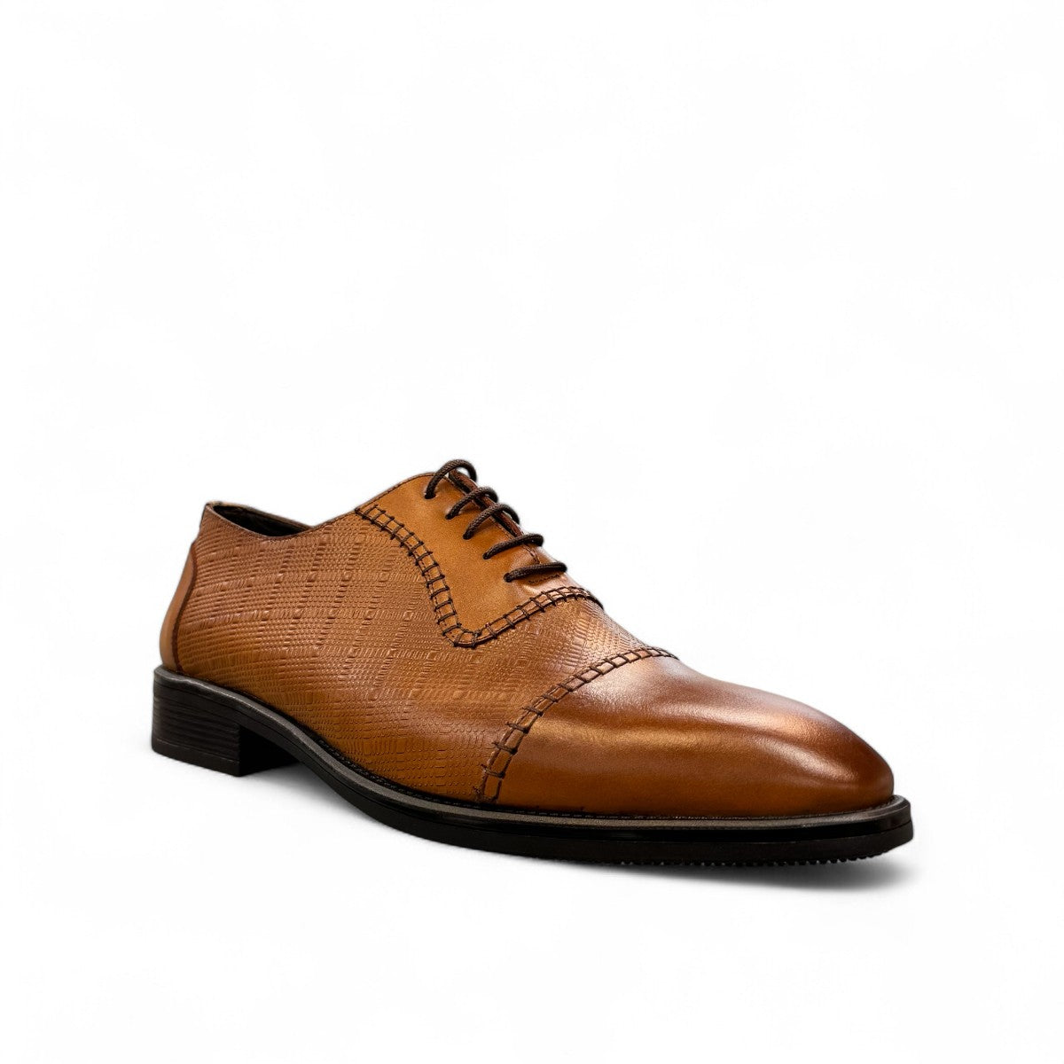 Sun Stylish brown leather lace up dress shoe with textured upper and detailed handmade stitching. Photo of front view from a side angle.