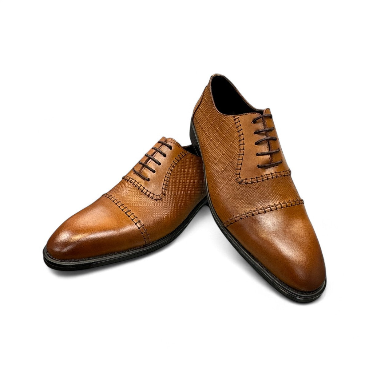 Sun Stylish brown leather lace up dress shoe with textured upper and detailed handmade stitching. Photo of front view 1.