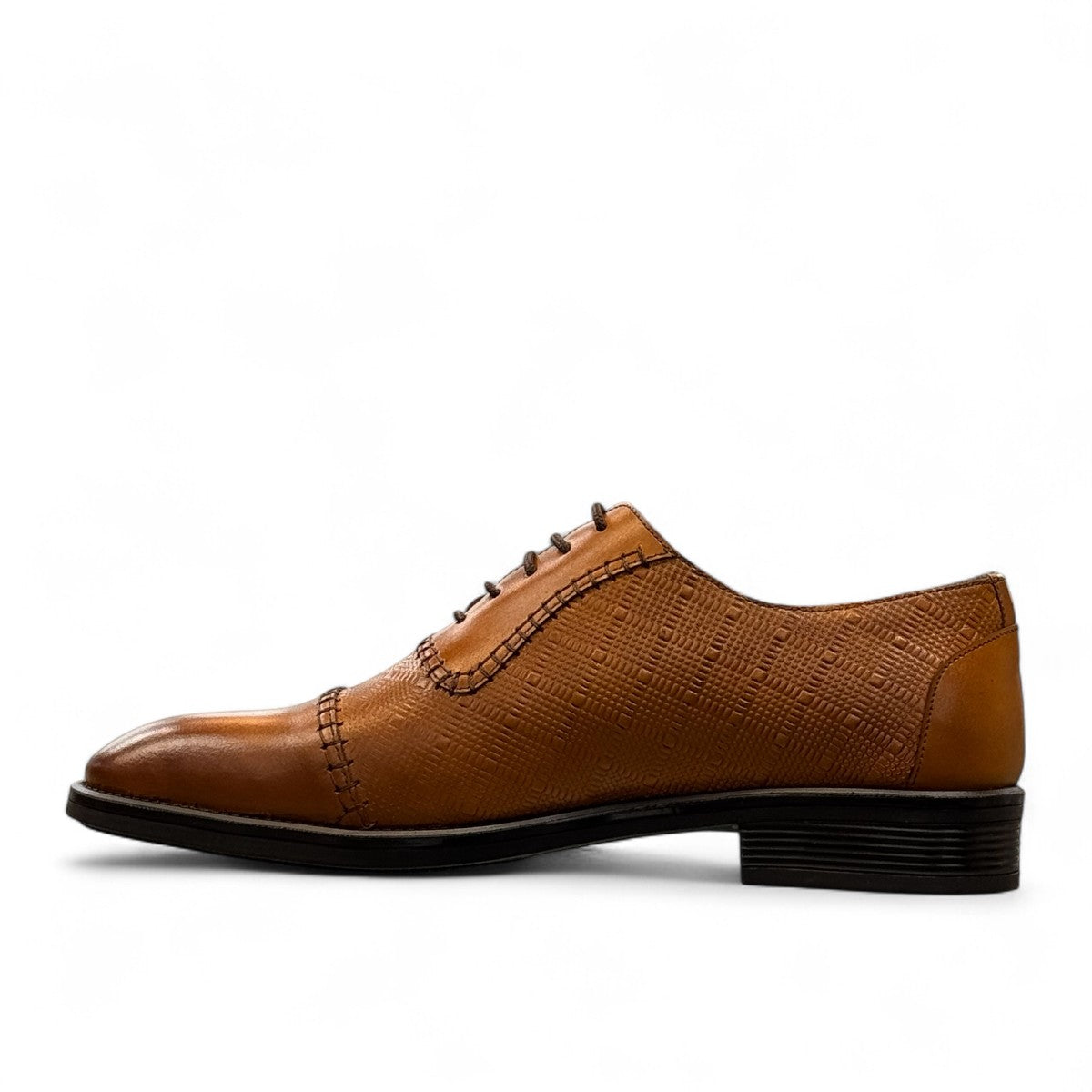 Sun Stylish brown leather lace up dress shoe with textured upper and detailed handmade stitching. Photo of inside side view.