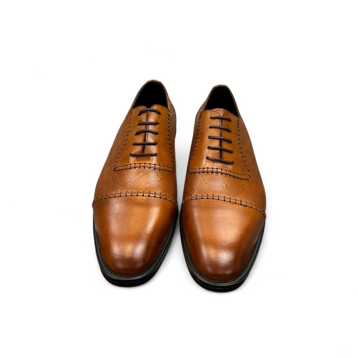 Sun Stylish brown leather lace up dress shoe with textured upper and detailed handmade stitching. Photo of front view 2.