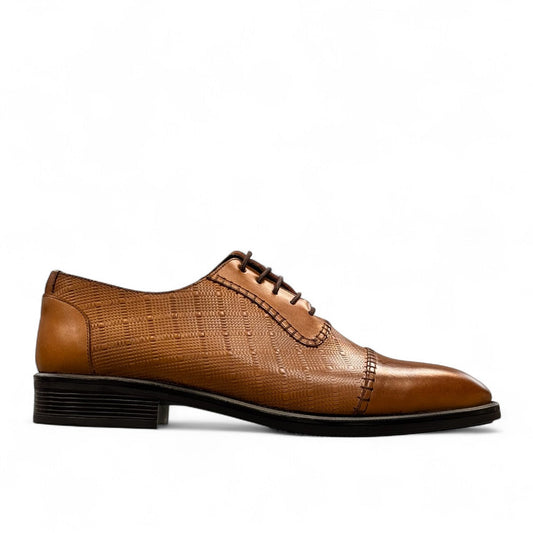 Sun Stylish brown leather lace up dress shoe with textured upper and detailed handmade stitching. Photo of outside side view.