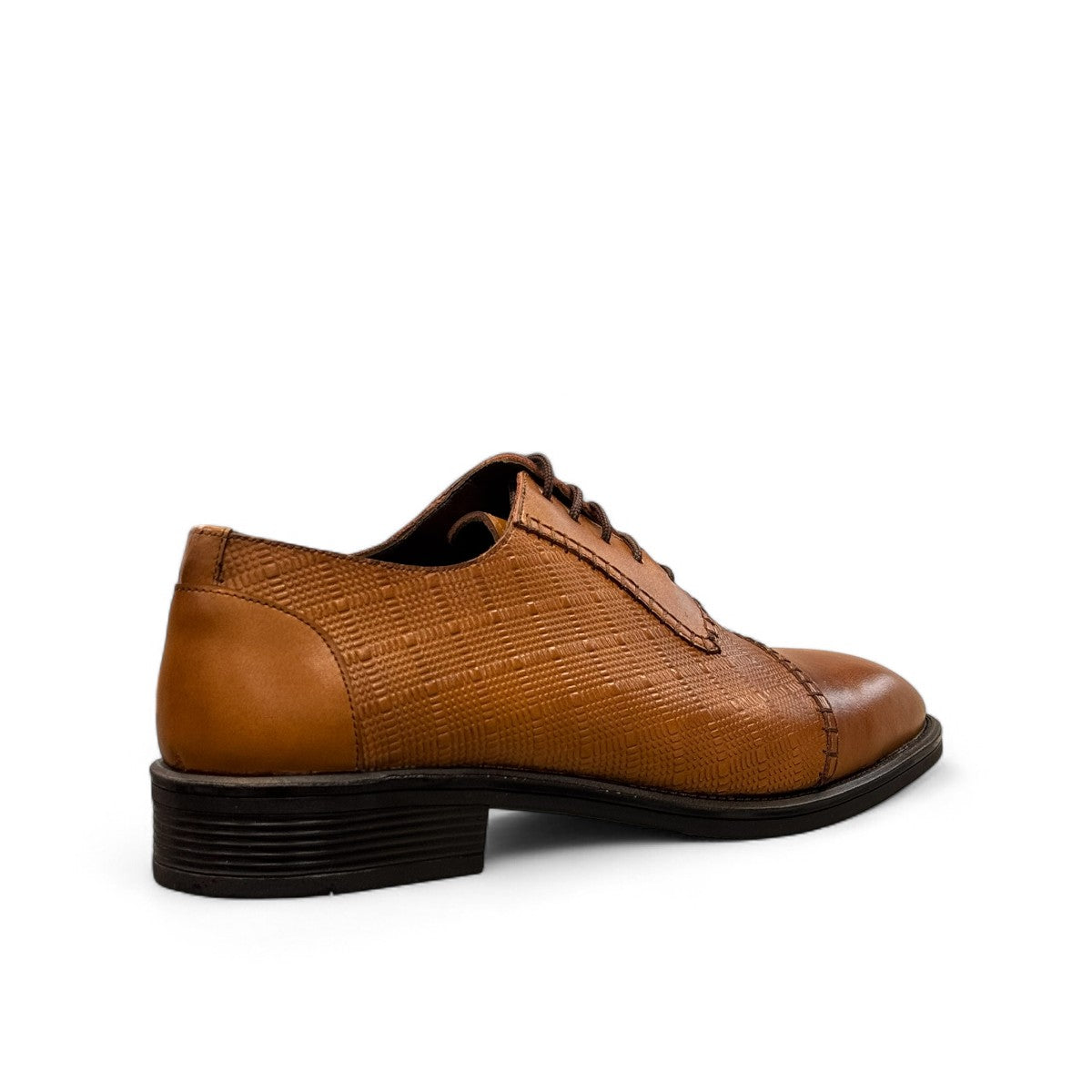 Sun Stylish brown leather lace up dress shoe with textured upper and detailed handmade stitching. Photo of back view from a side angle.
