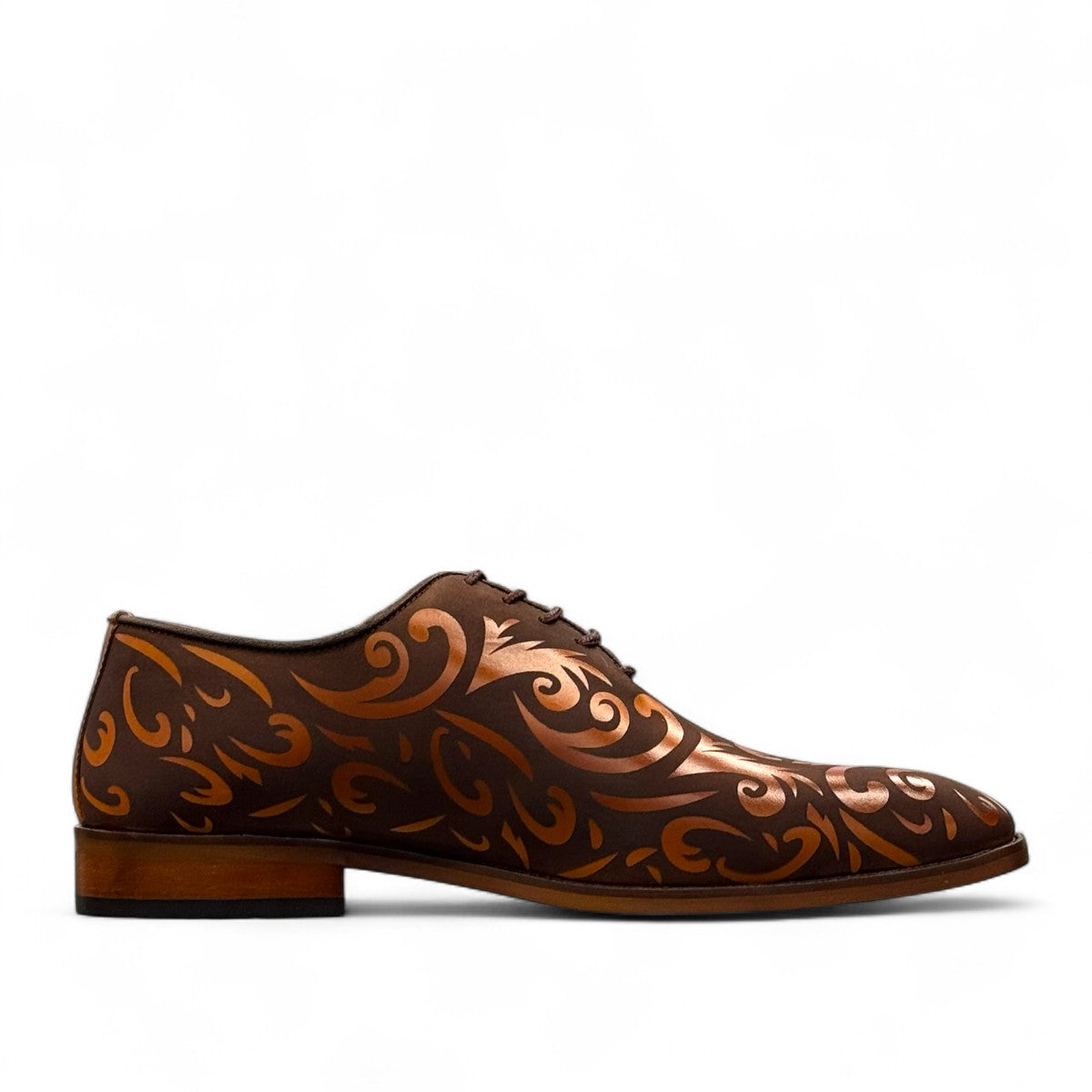 Sun Termeh brown leather and suede lace-up dress shoe with intricate hand-stitched swirl patterns. Photo of inside side view.