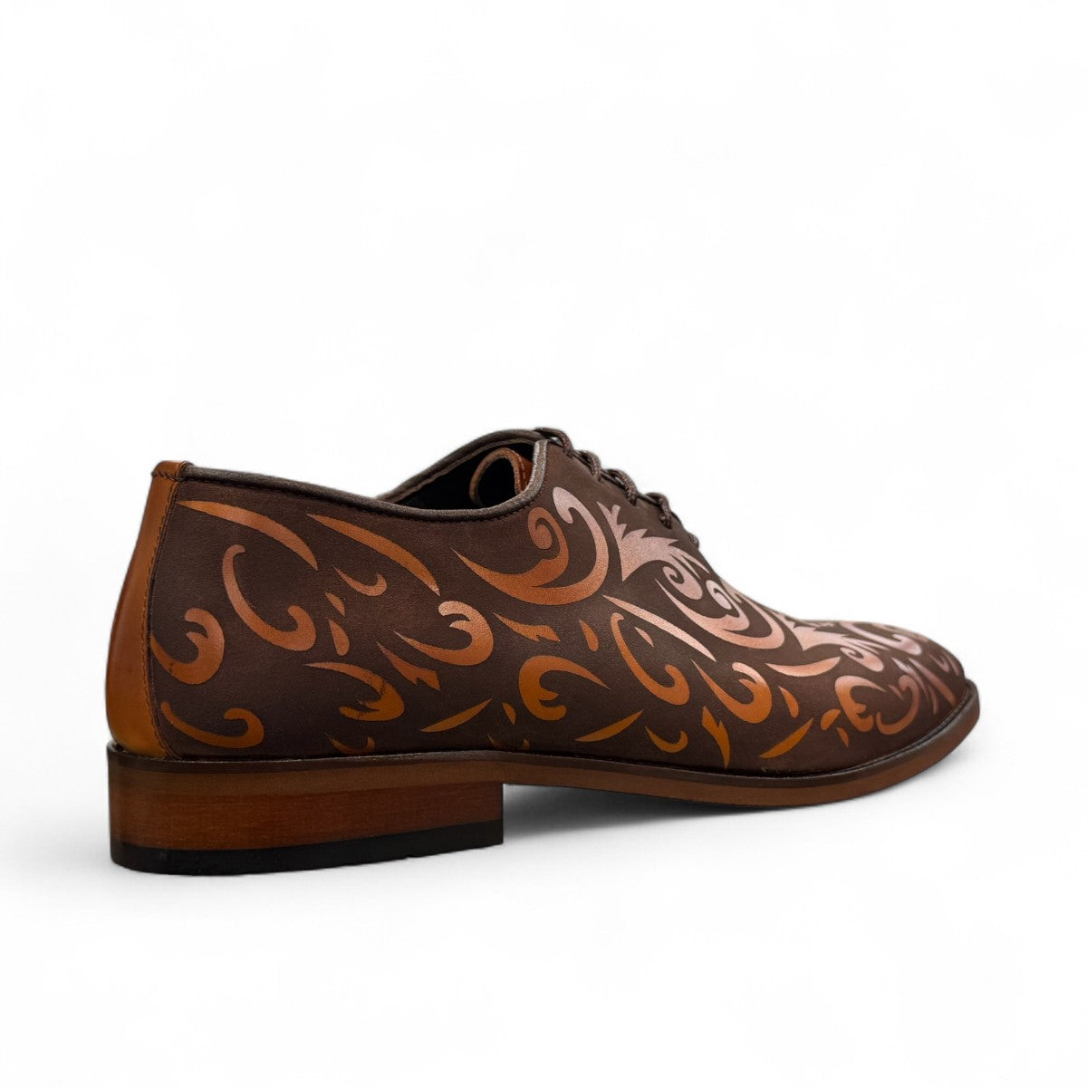 Sun Termeh brown leather and suede lace-up dress shoe with intricate hand-stitched swirl patterns. Photo of back view from side angle.
