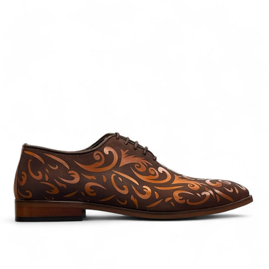 Sun Termeh brown leather and suede lace-up dress shoe with intricate hand-stitched swirl patterns. Photo of outside side view.