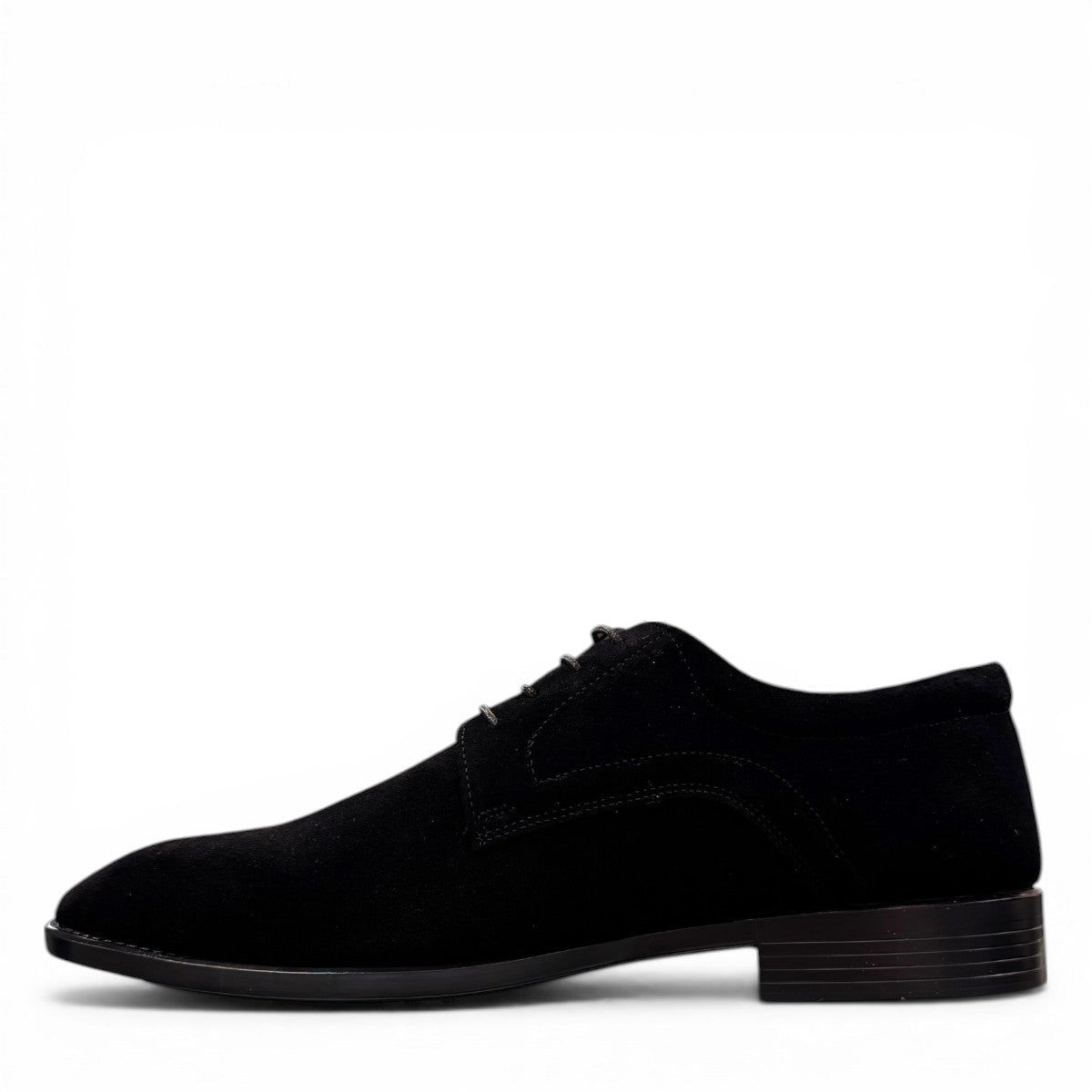 Sun Verny 2/Lace black suede lace-up dress shoe with handmade stitching and a durable rubber outsole. Photo of inside side view.