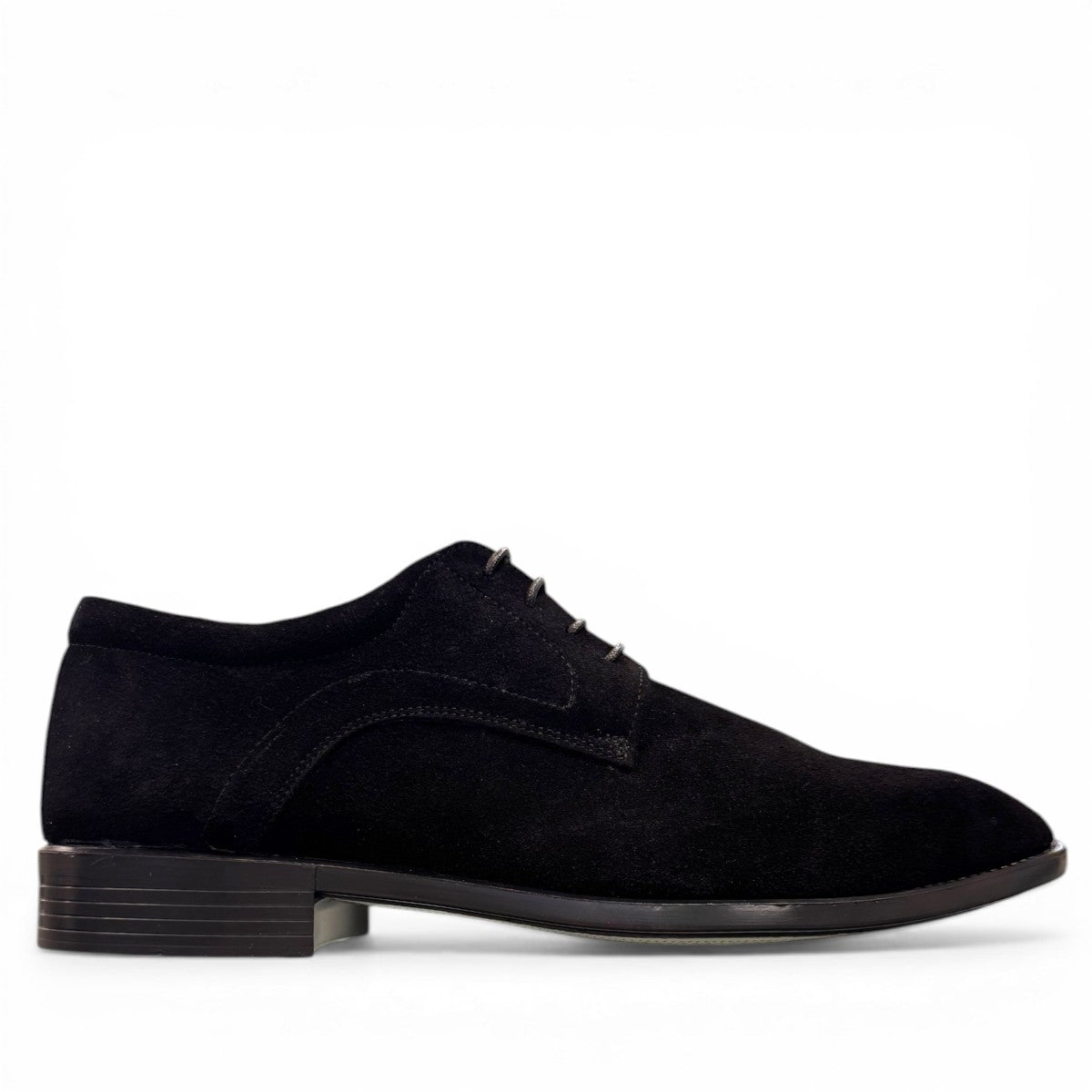 Sun Verny 2/Lace black suede lace-up dress shoe with handmade stitching and a durable rubber outsole. Photo of outside side view.