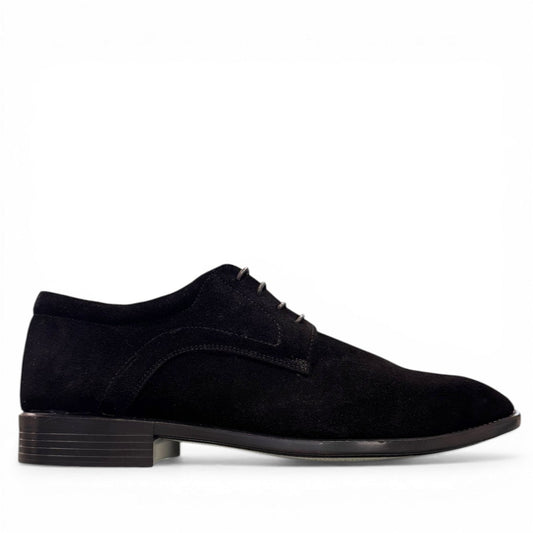 Sun Verny 2/Lace black suede lace-up dress shoe with handmade stitching and a durable rubber outsole. Photo of outside side view.