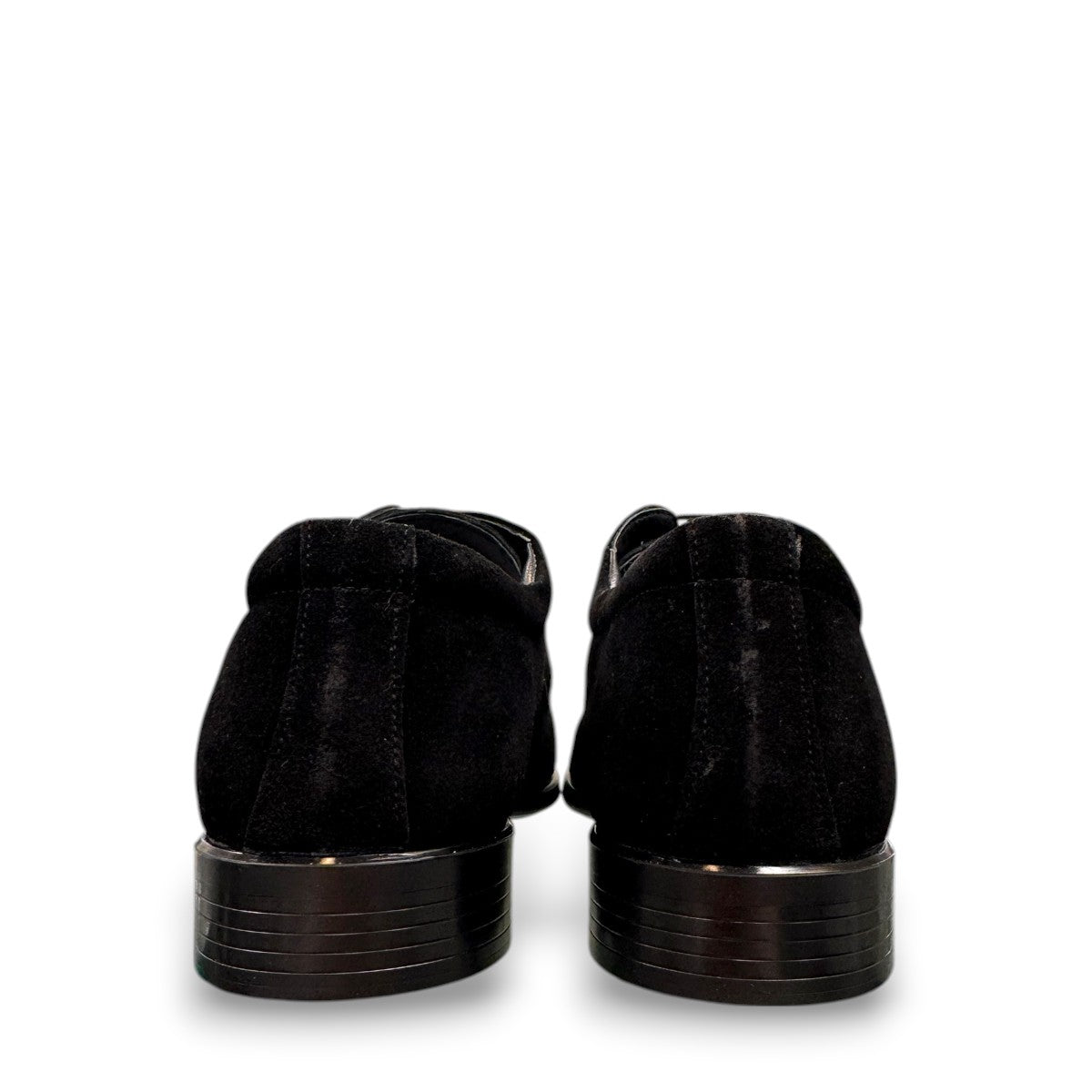 Sun Verny 2/Lace black suede lace-up dress shoe with handmade stitching and a durable rubber outsole. Photo of back view.