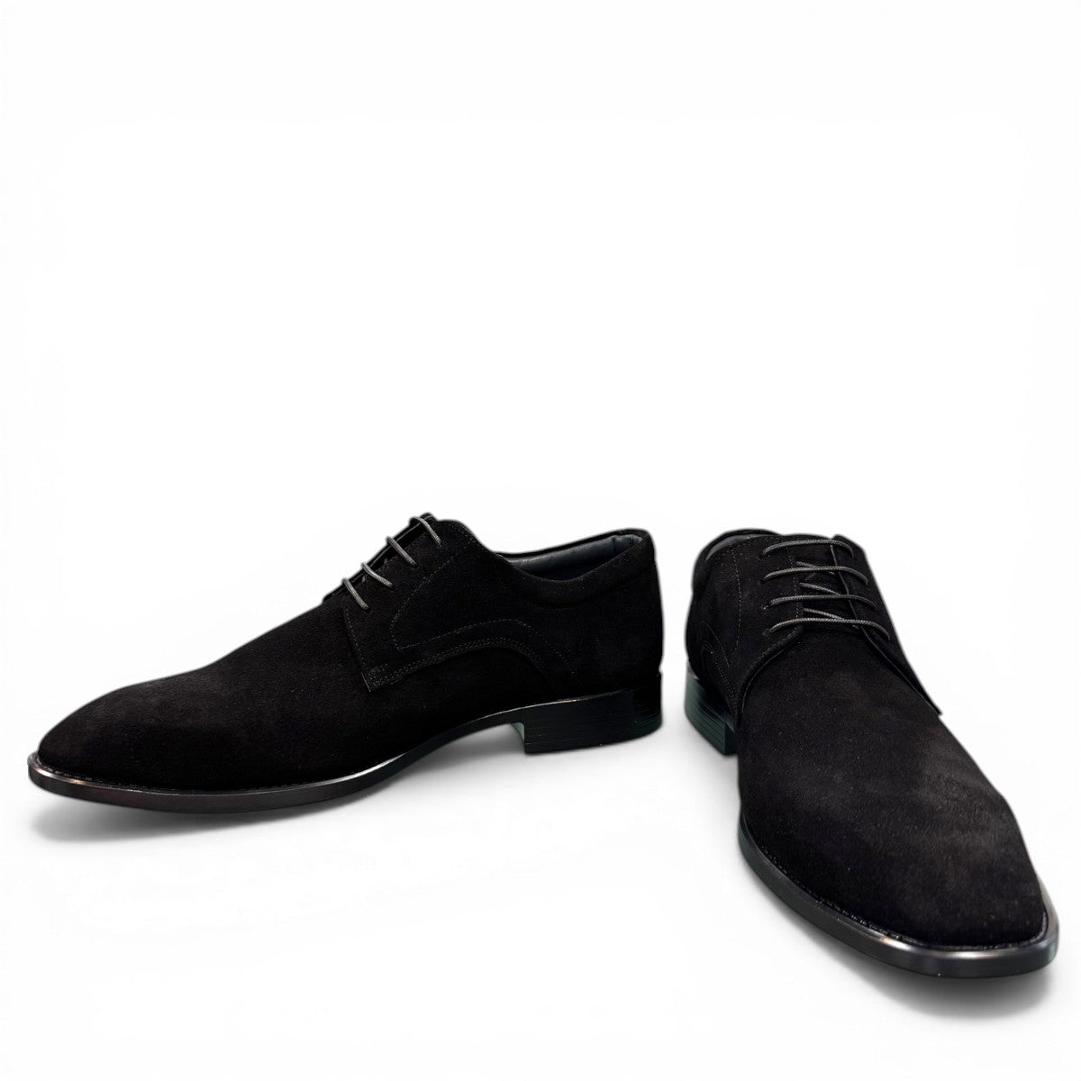Sun Verny 2/Lace black suede lace-up dress shoe with handmade stitching and a durable rubber outsole. Photo of upper view 2.