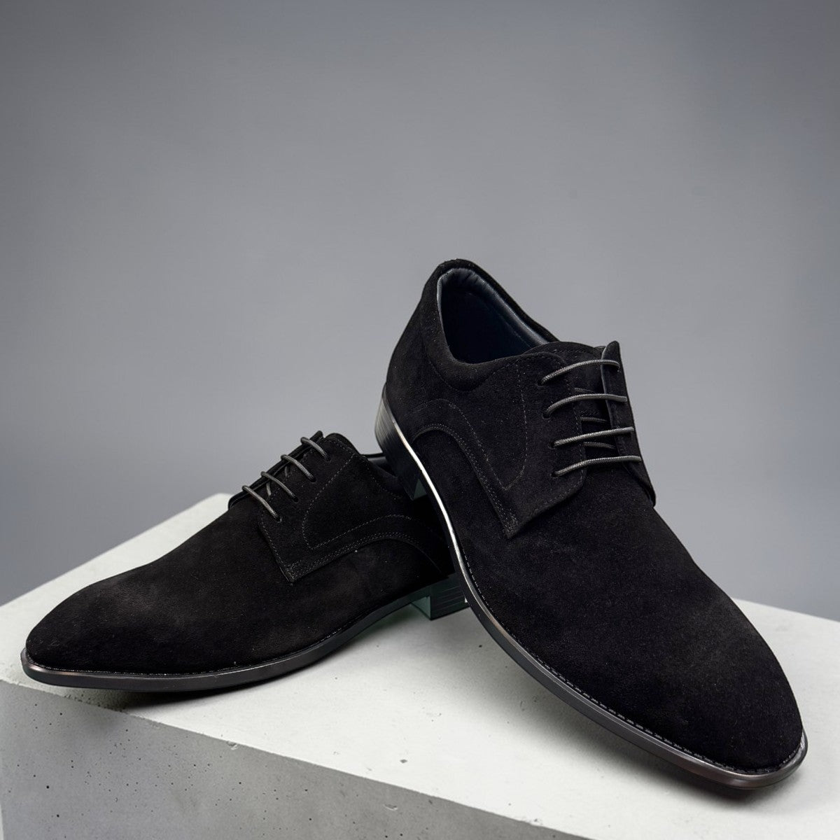 Sun Verny 2/Lace black suede lace-up dress shoe with handmade stitching and a durable rubber outsole. Photo of upper view 1.
