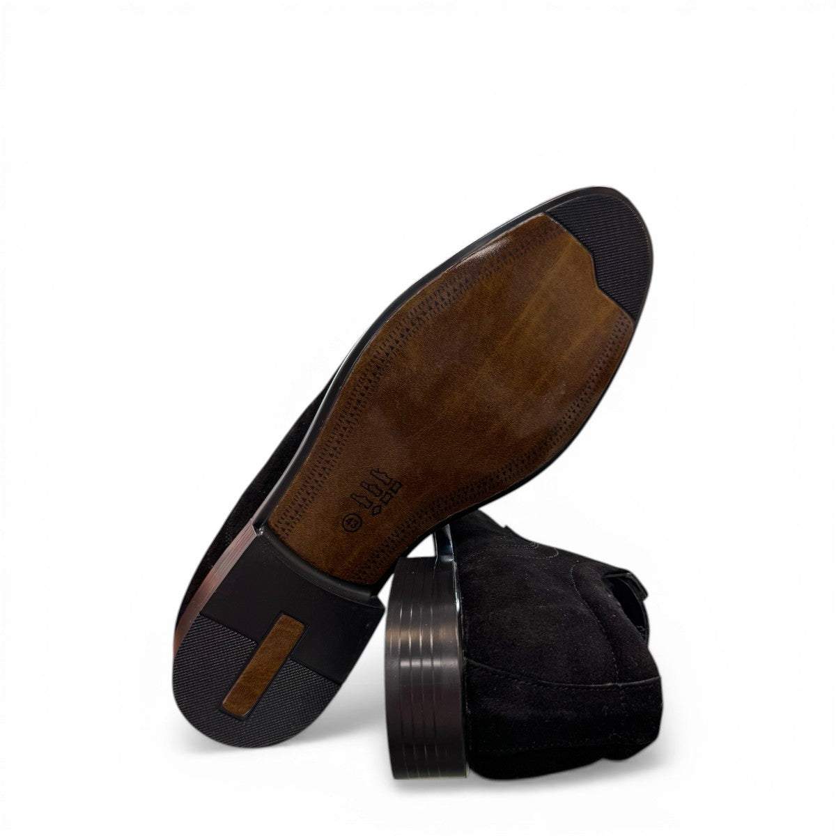 Sun Verny 2/Lace black suede lace-up dress shoe with handmade stitching and a durable rubber outsole. Photo of bottom view.