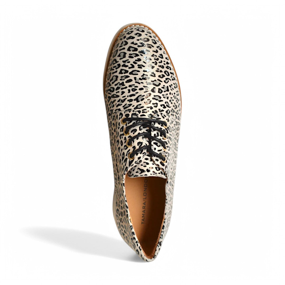TAMARA/LONDON ADDICTION oxford shoes in glossy beige and black leopard print with a white platform sole