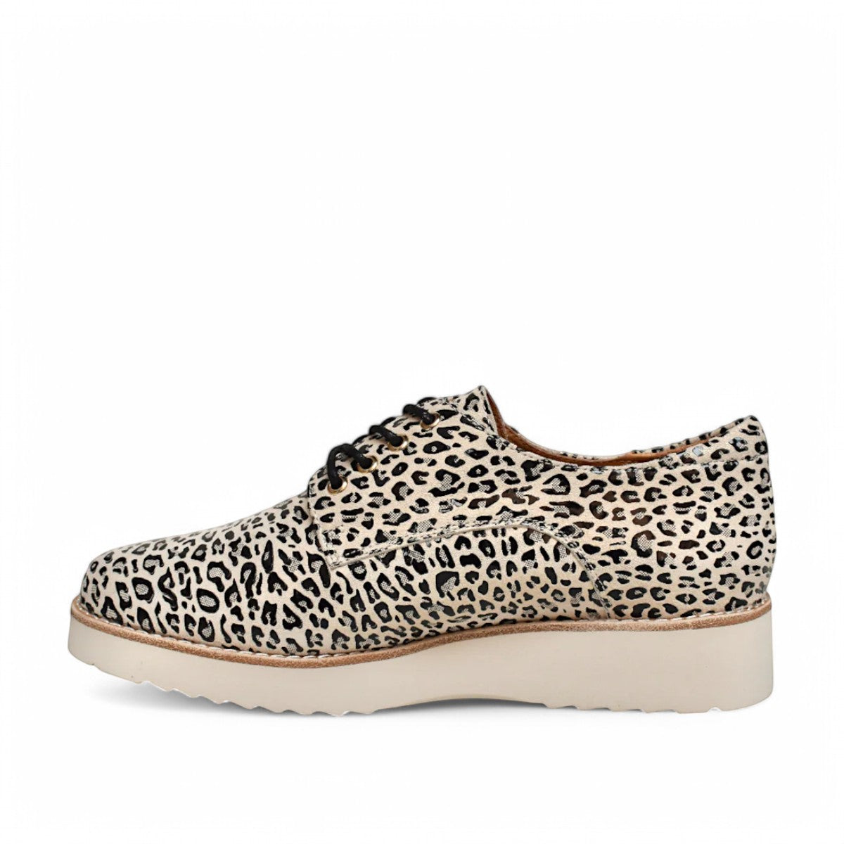 TAMARA/LONDON ADDICTION oxford shoes in glossy beige and black leopard print with a white platform sole