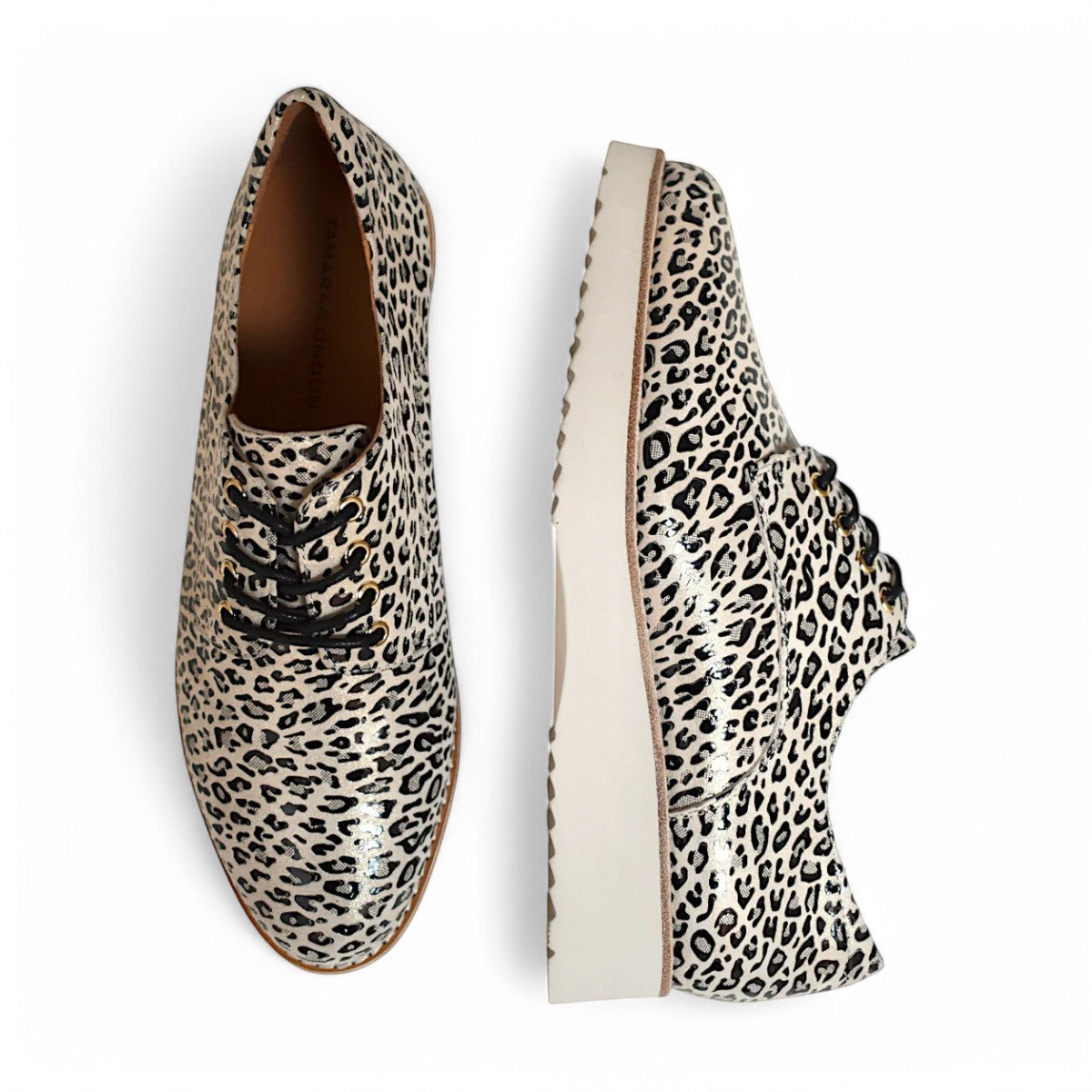 TAMARA/LONDON ADDICTION oxford shoes in glossy beige and black leopard print with a white platform sole