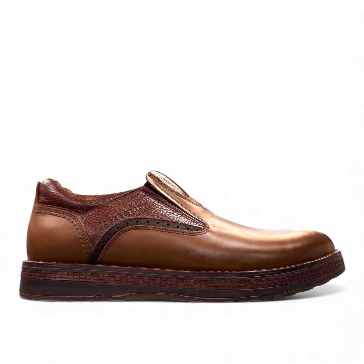 TATA brown leather slip-on shoes with handmade stitching and durable rubber outsole for formal wear.