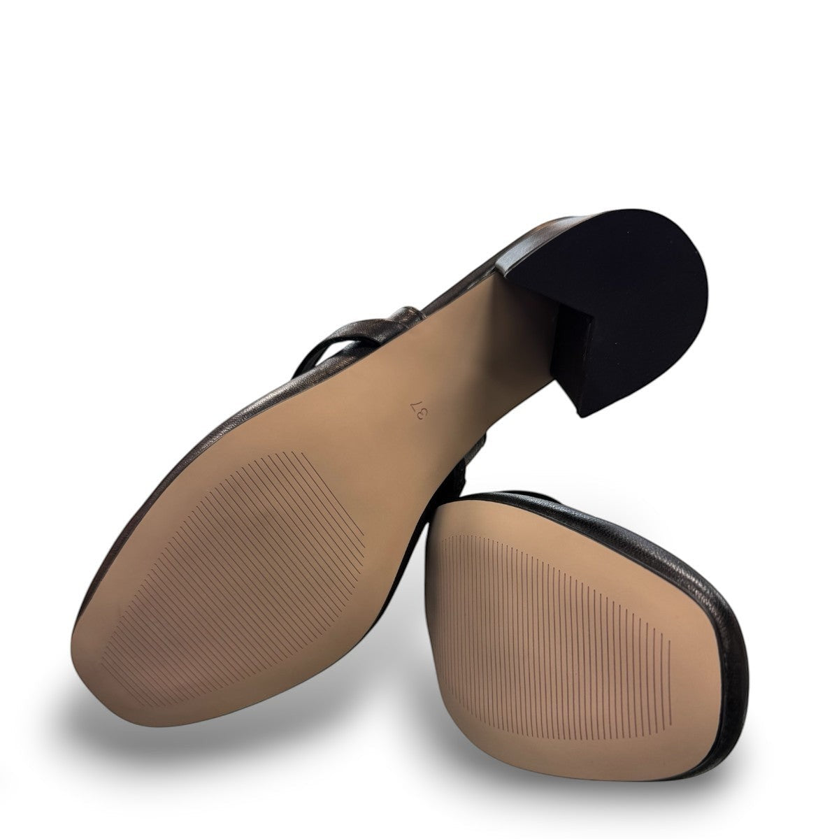 Tamara London Drax black leather slingback heels with pearl embellishment and a comfortable block heel.