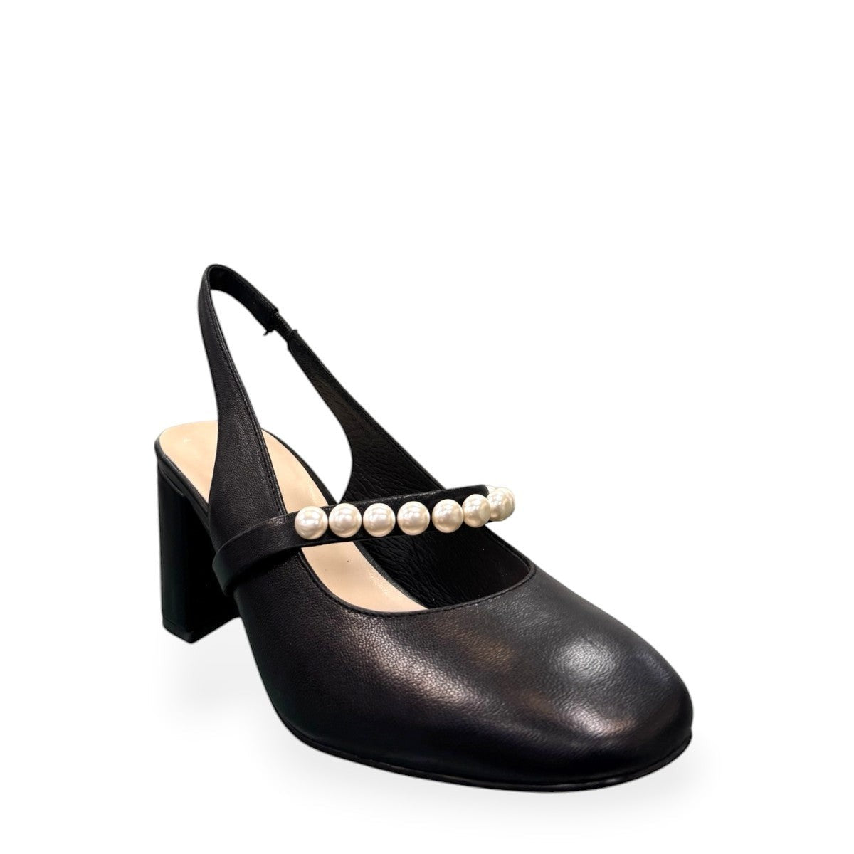 Tamara London Drax black leather slingback heels with pearl embellishment and a comfortable block heel.