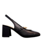 Tamara London Drax black leather slingback heels with pearl embellishment and a comfortable block heel.