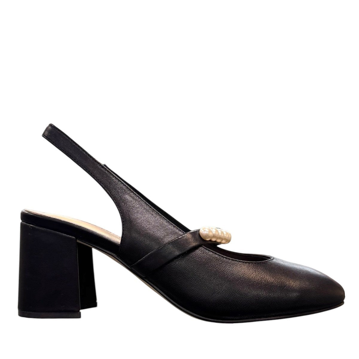 Tamara London Drax black leather slingback heels with pearl embellishment and a comfortable block heel.