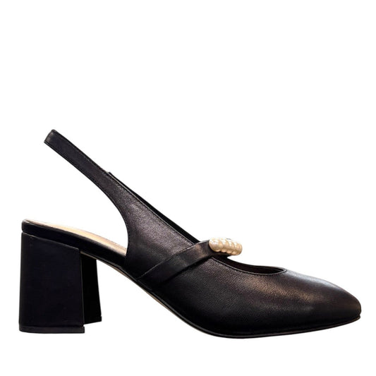 Tamara London Drax black leather slingback heels with pearl embellishment and a comfortable block heel.