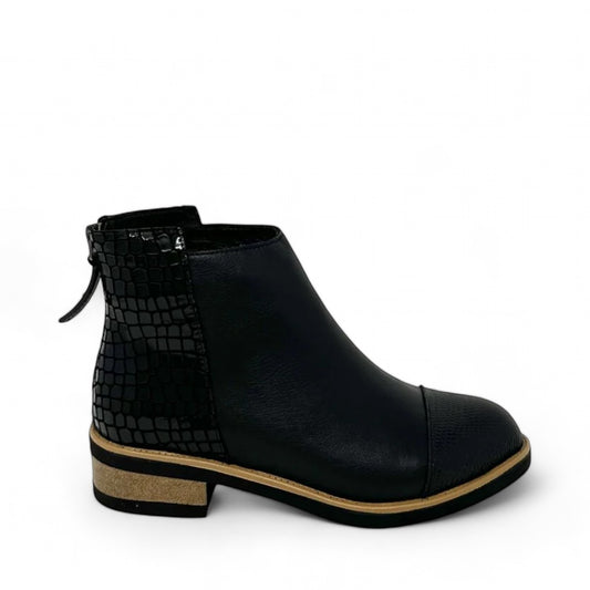 Tamara London Duck black two-tone ankle boot with croc-embossed heel and stacked wood sole
