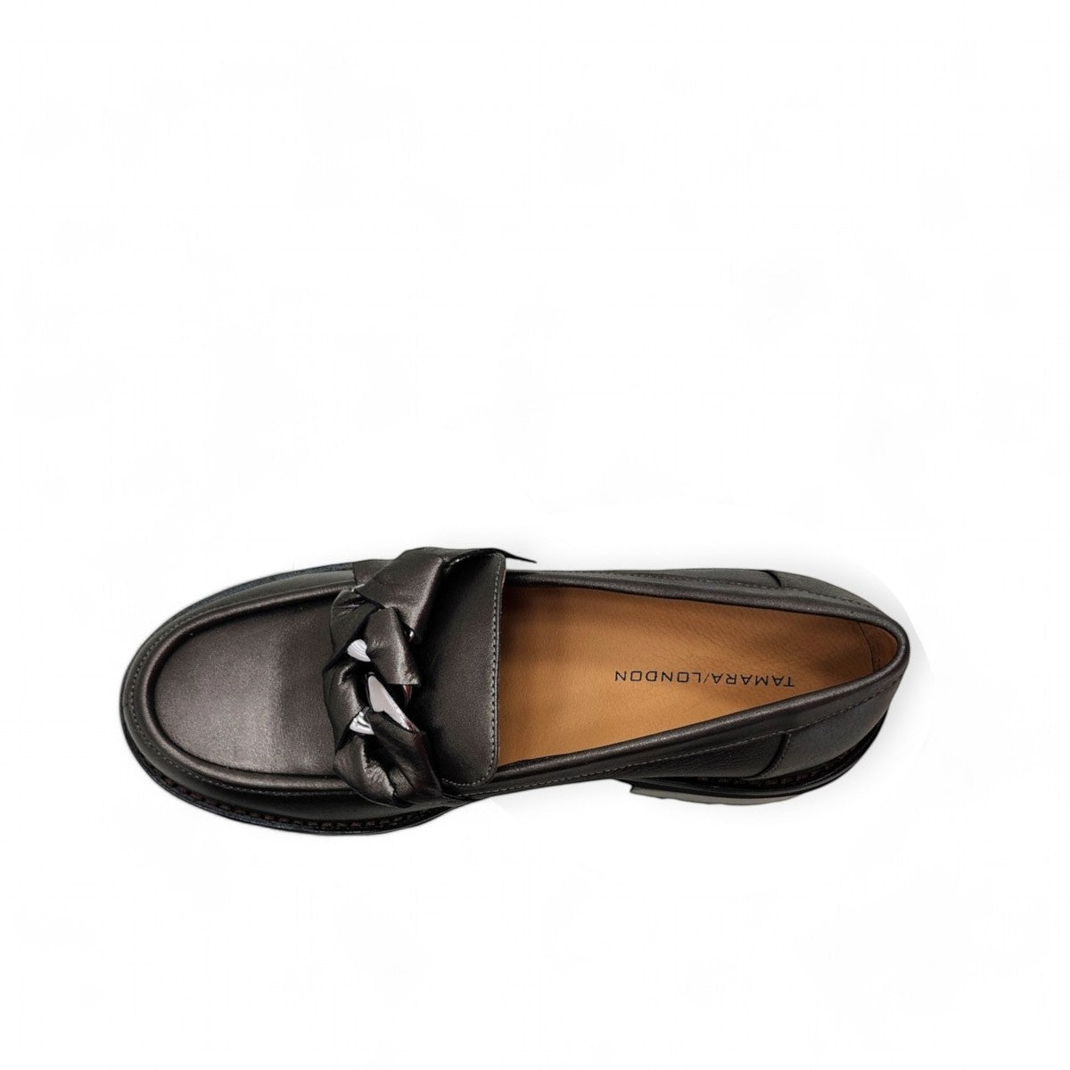 Tamara London Dobbie metallic black chunky loafer with decorative ribbon and jewelry detail