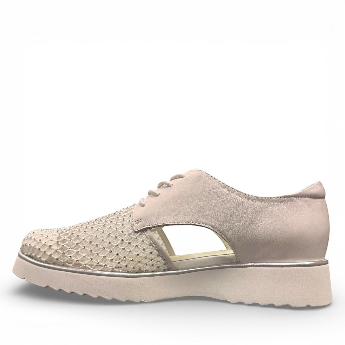 Tamara white leather oxford platform sandal with side cutout, lace-up closure, and diamond-embellished toe.