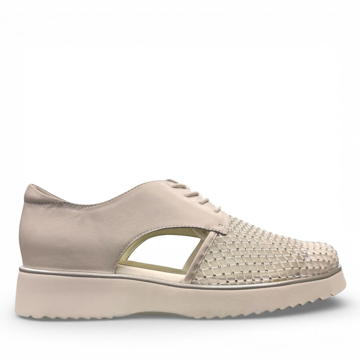 Tamara white leather oxford platform sandal with side cutout, lace-up closure, and diamond-embellished toe.