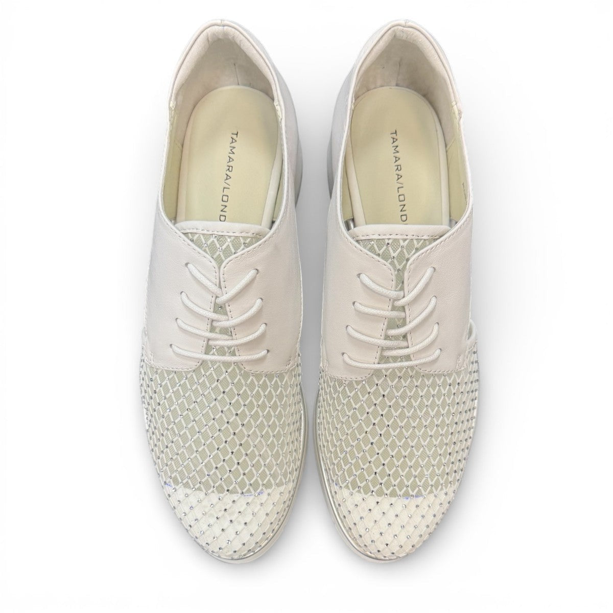 Tamara white leather oxford platform sandal with side cutout, lace-up closure, and diamond-embellished toe.