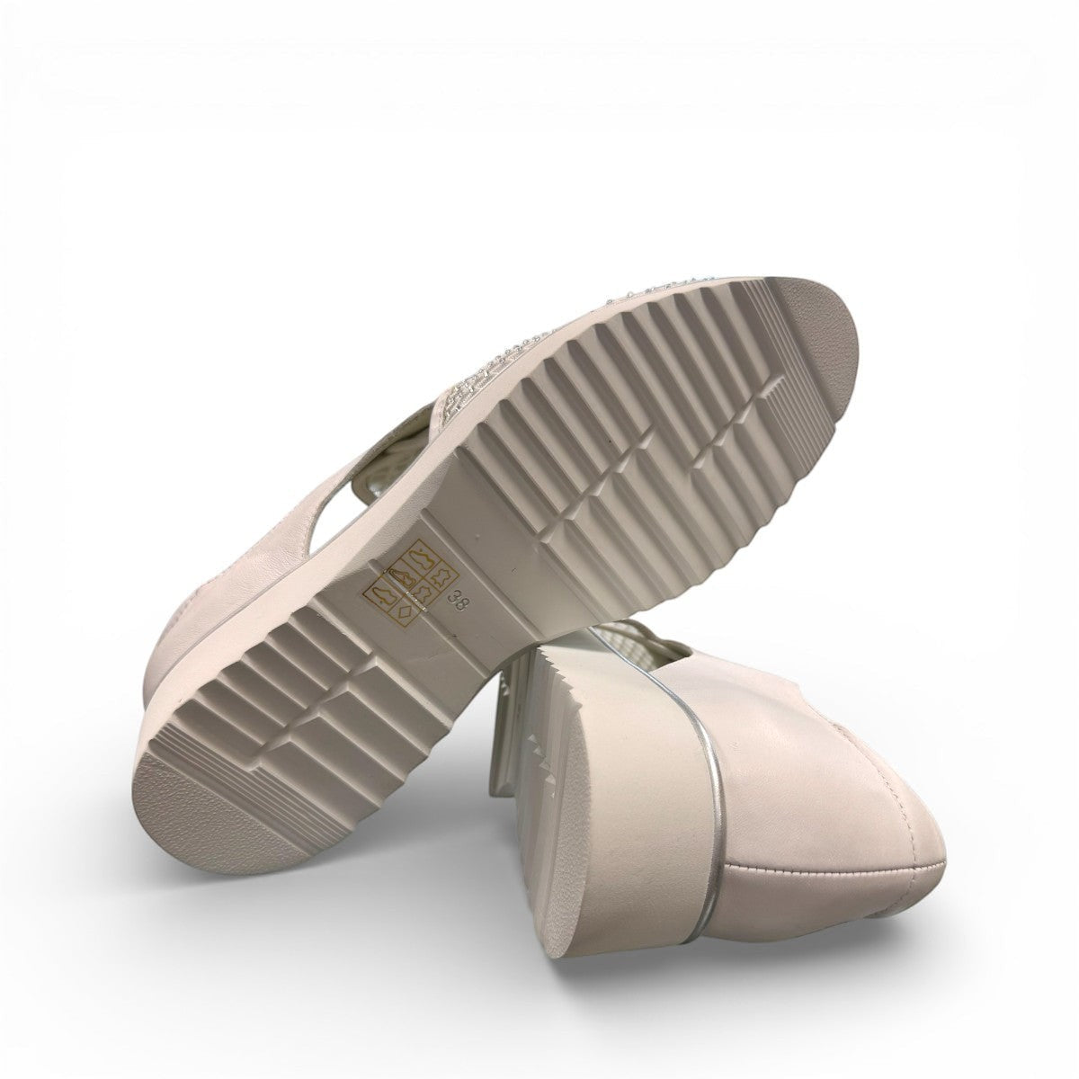 Tamara white leather oxford platform sandal with side cutout, lace-up closure, and diamond-embellished toe.
