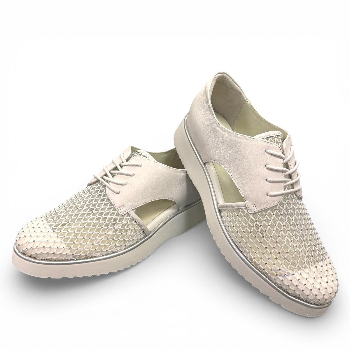 Tamara white leather oxford platform sandal with side cutout, lace-up closure, and diamond-embellished toe.