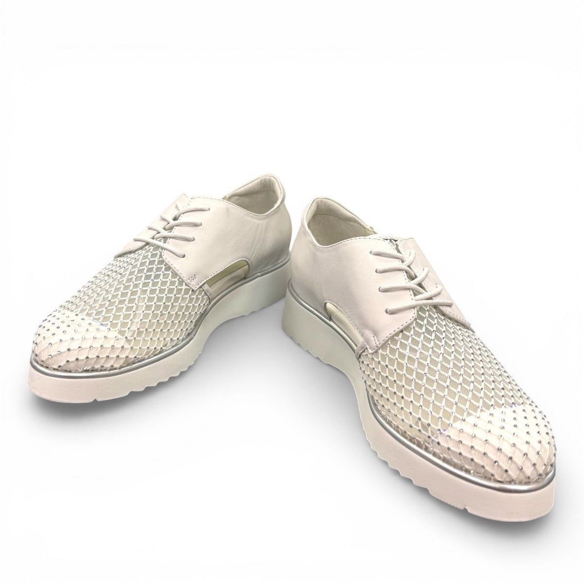 Tamara white leather oxford platform sandal with side cutout, lace-up closure, and diamond-embellished toe.